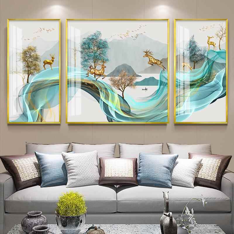 麋鹿室飞鸟办公NNF客厅装饰画中式招财新轻奢画现简约招代财三联