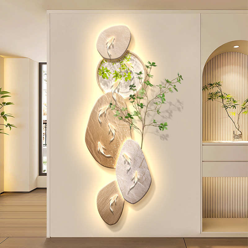 过道正壁画装饰画玄关入户画绿客厅走廊鱼图氛围灯植九对门挂画