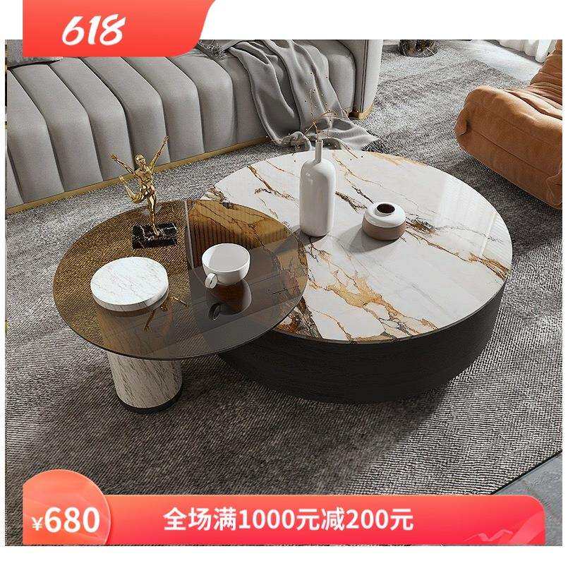 意式岩板圆形组合茶几后现代极简大理石钢化玻璃储物柜茶桌新款