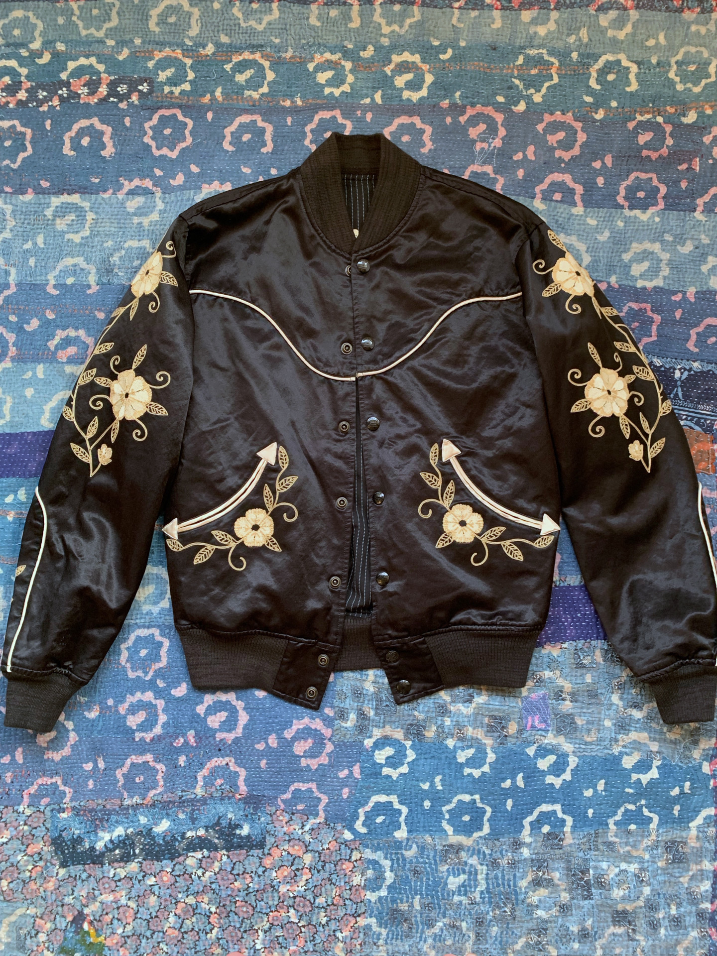RRL Black Floral Embroidery Baseball Jacket