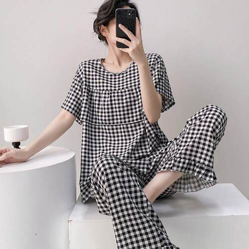 女士防突点绵绸睡衣棉球短袖长裤绸棉套装东风尼粘稠东方绸家居服