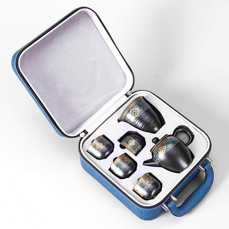 联纵功夫旅行茶具套装陶瓷快客一壶四杯便携式泡茶壶中式鎏金茶杯