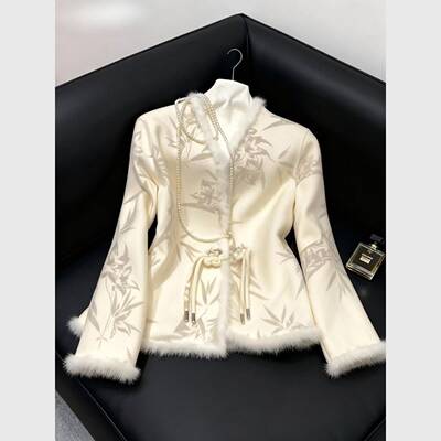 高档轻奢新中式国风盘扣毛绒衬衫女士加绒打底衫内搭杏色提花上衣