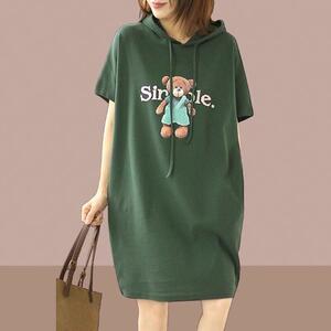 纯棉短袖连帽t恤连衣裙女2025夏季新款大码宽松中长款休闲直筒裙