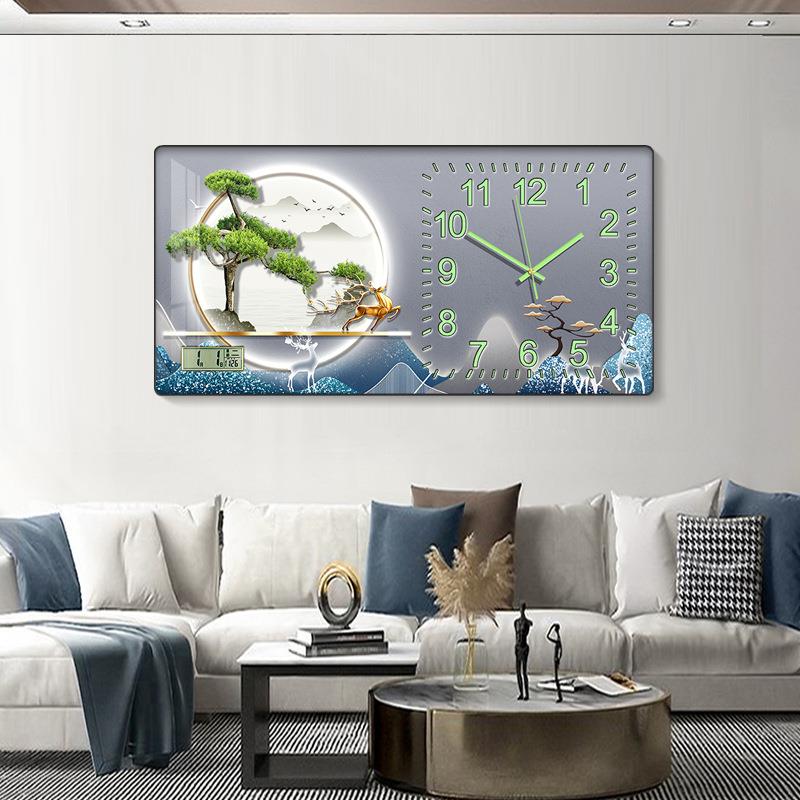 钟表挂钟客厅简约迎客松轻奢高档山水挂画电子万年历餐厅夜光时钟