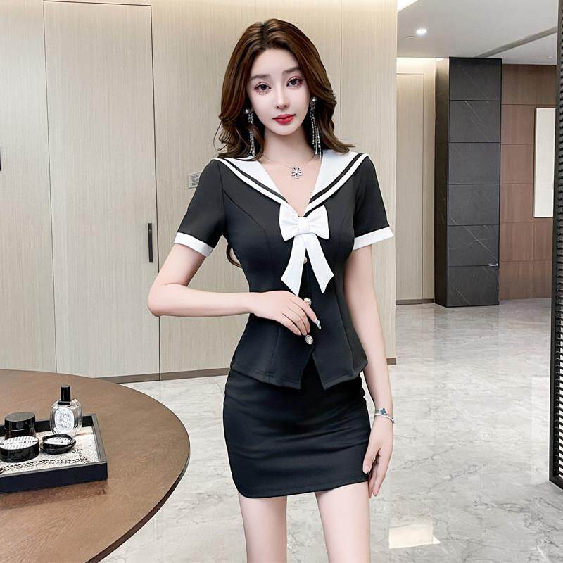 学院风包臀裙夜场上班衣服减龄套装足浴会所技师工装娃娃领空姐装