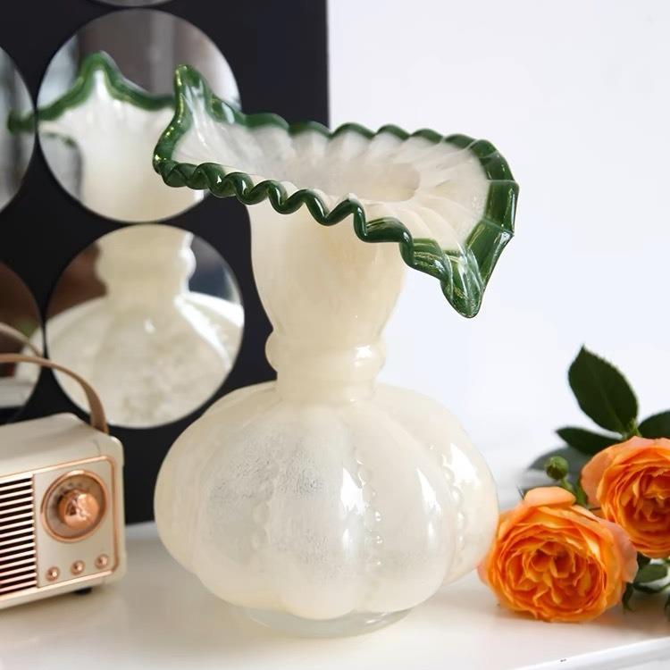 中古芬顿风南瓜手工琉璃花瓶法式复古鲜花器桌面摆件玻璃水培瓶