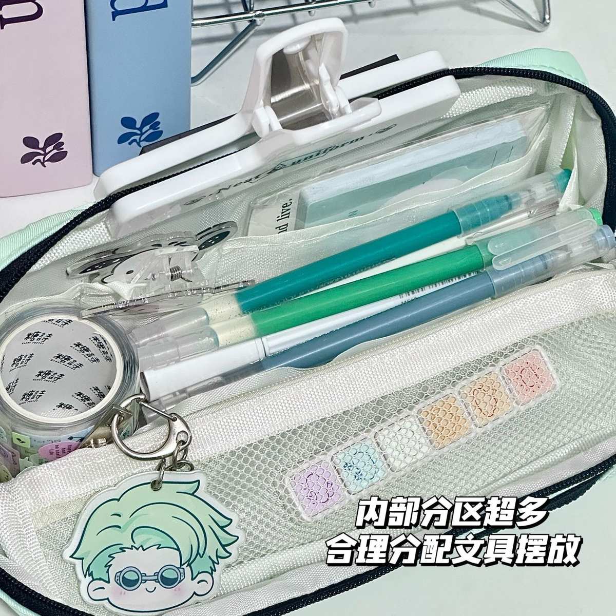 日系简约青提绿纯色手提折叠笔袋学生小众ins高颜值大容量文具袋