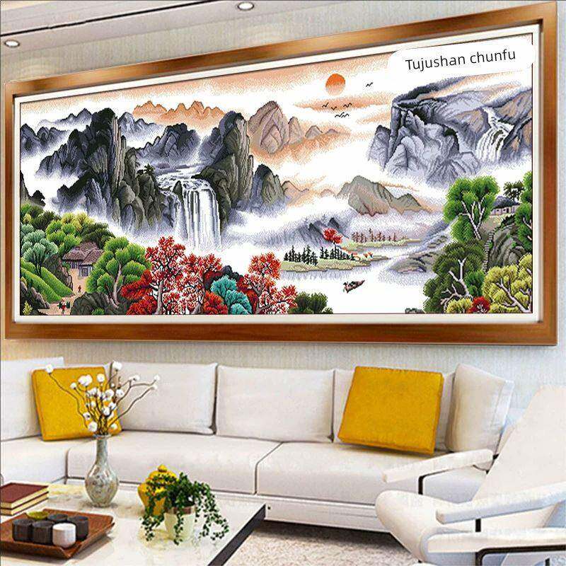 纯手工十字绣成品富春山居图山水风景画客厅办公室挂画绣好的带框