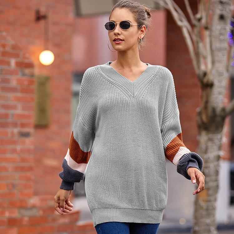 Sweater Knitted Block Color Striped Sleeve Lantern Neck V