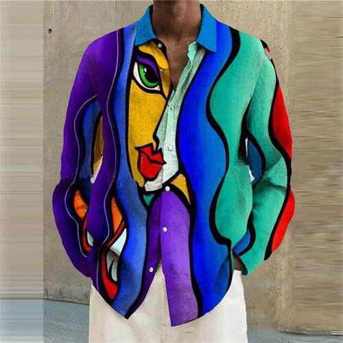 Mens printed lapel button shirt男士数码印花翻领钮扣长袖衬衫