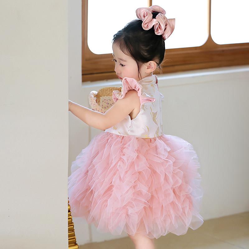 女童生日公主裙夏中式国风粉色蓬蓬裙子儿童旗袍女宝party小礼服