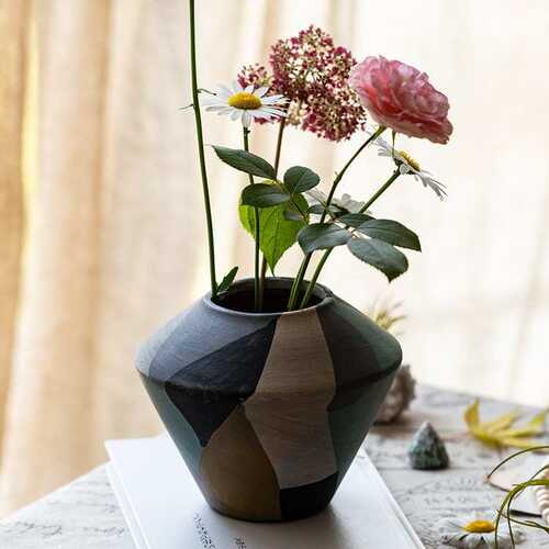 莫兰迪花瓶摆件客厅干花插花装饰品红陶几何北欧风花器现代