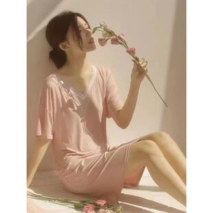 莫代尔睡裙女夏季带胸垫v领中裙蕾丝连衣裙春夏款薄短袖宽松睡衣
