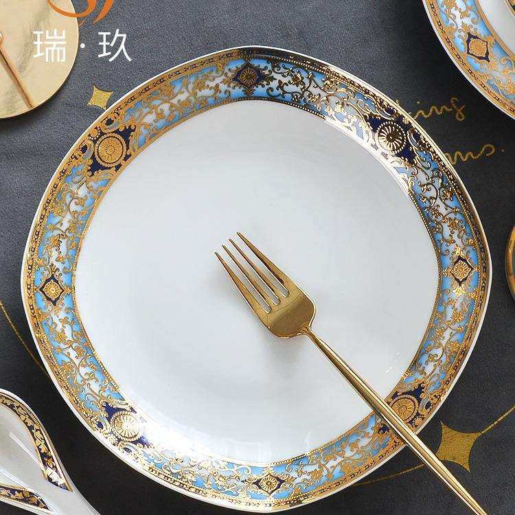 轻奢方形菜盘家用骨瓷8英寸汤盘深菜盘欧式浮雕餐具盘子菜碟碟子
