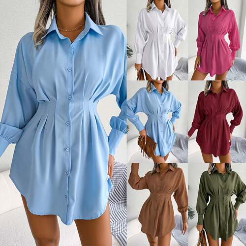 Women's Plain Asymmetrical Button Front Shirt Dress Casual