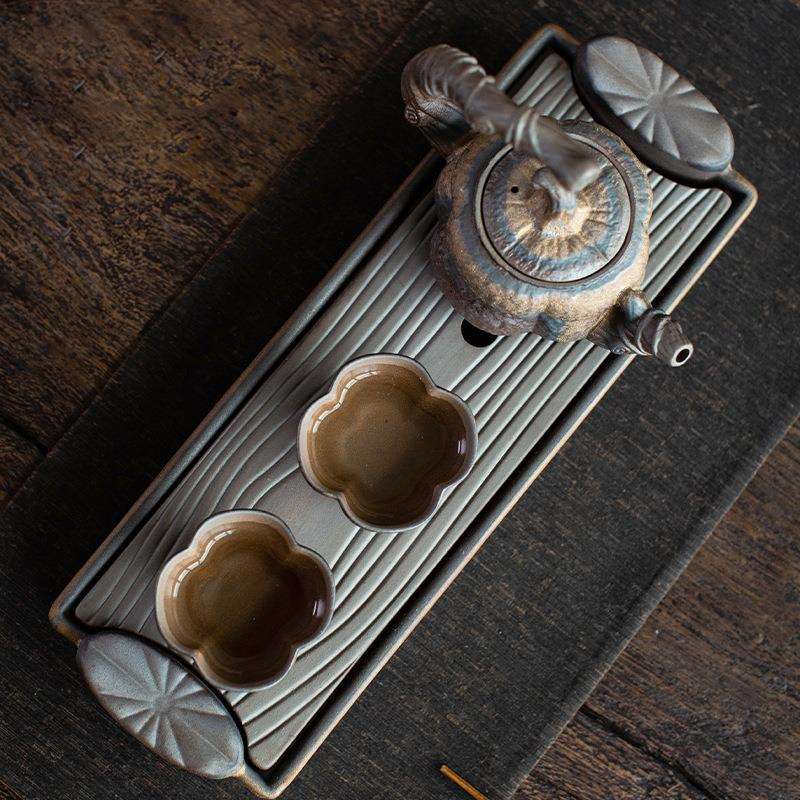 鎏金粗陶干泡套装复古陶泡茶壶日式一壶两杯干泡台套组功夫