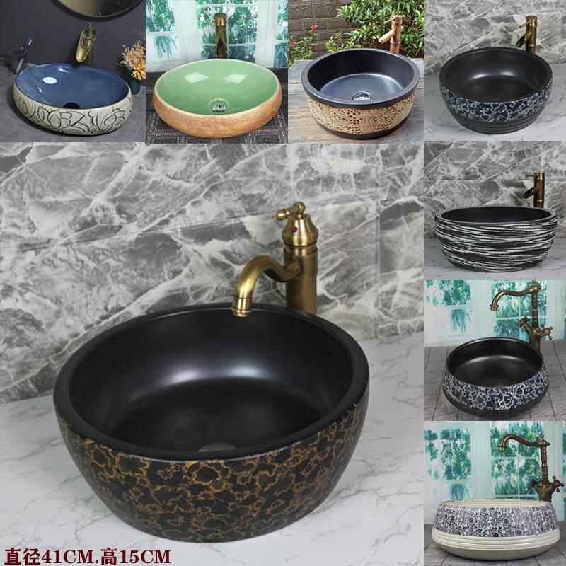 卫生间陶瓷仿古中式台上盆洗手盆户外洗脸面盆室外复古洗漱池圆形