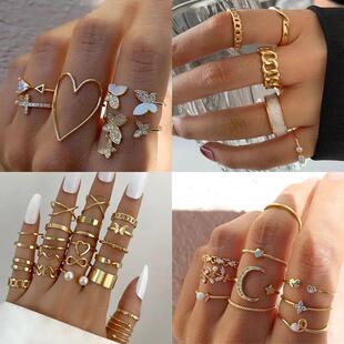 Boho Zircon Butterfly Rings Set Women Charms Gold Color Crys