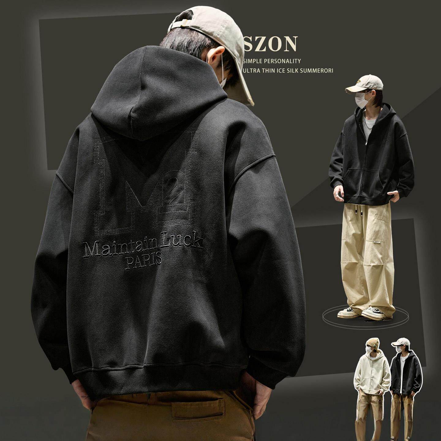 美式复古刺绣连帽卫衣男士春秋款开衫拉链外套宽松休闲运动连帽衫