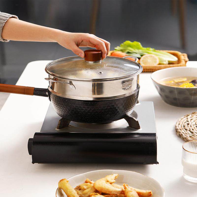 日式雪平锅麦饭石平底锅不粘锅辅食小奶锅煮面汤锅蒸锅电磁炉通用