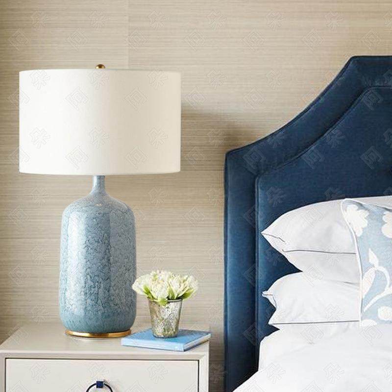 美式台灯卧室床头蓝色陶瓷客厅台灯中式复古样板房创意床头灯666