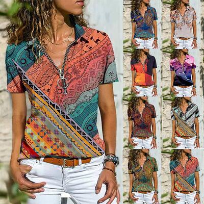 Western zipper top short sleeved t-shirt for women