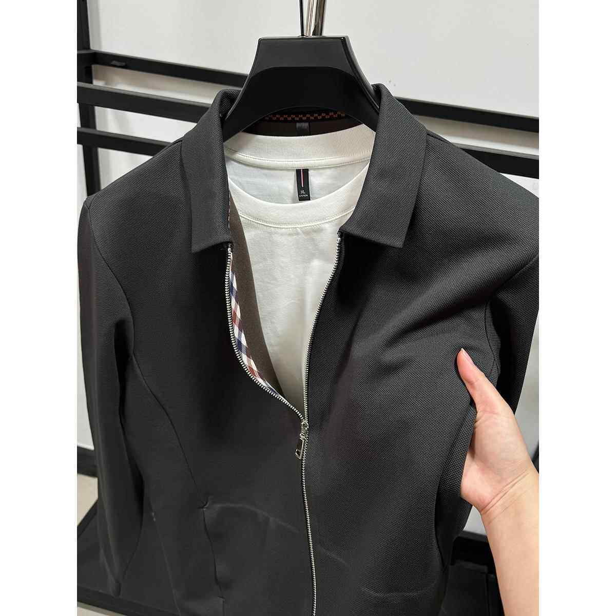 高级感纯色翻领夹克男2025春秋季磨毛拉炼外套商务休闲衬衫领上衣