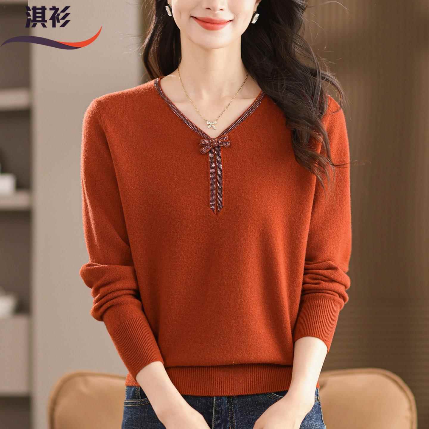 100纯羊毛衫女秋冬新款V领毛衣宽松显瘦针织打底衫中年妈妈上衣