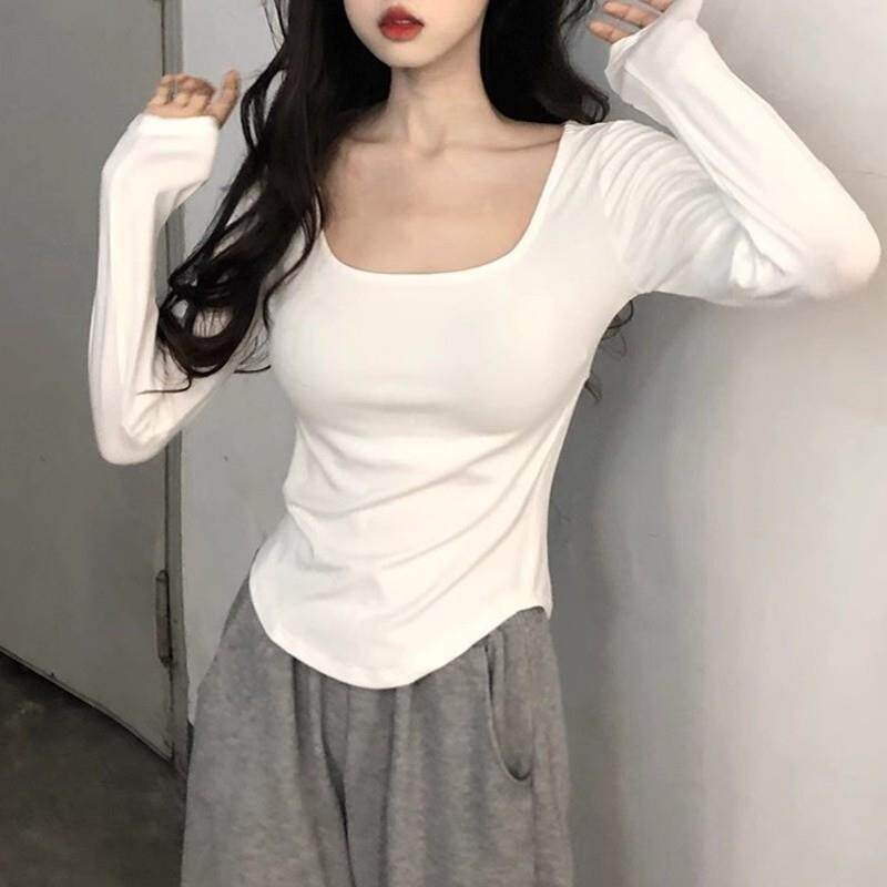 2025夏装新款正肩方领长袖T恤女装独特漂亮超好看打底衫内搭上衣