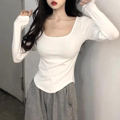 2025夏装新款正肩方领长袖T恤女装独特漂亮超好看打底衫内搭上衣