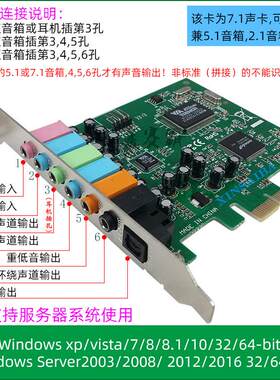 PCIE 5.1声卡 6声道桌上型电脑主板/伺服器 电脑WIN7/8/10/11系统