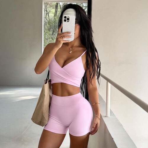 Women's Sporty Cross V-Neck Crop Top & High-Waisted Shorts