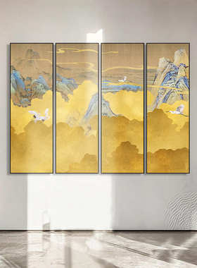中式竖版装饰画抽象黄色意境风景画酒店大堂四联画茶室瑞鹤图挂画