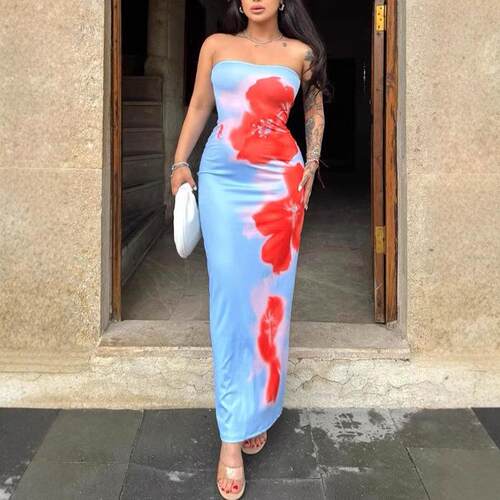 Women's strapless printed bag hip slit dress