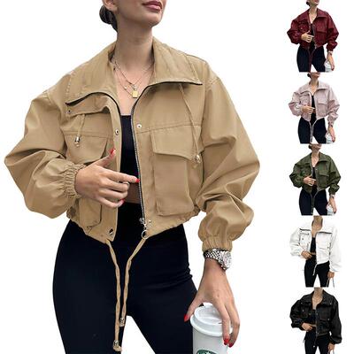 Womens Cropped Zip Up Jacket Lightweight Oversized Utility