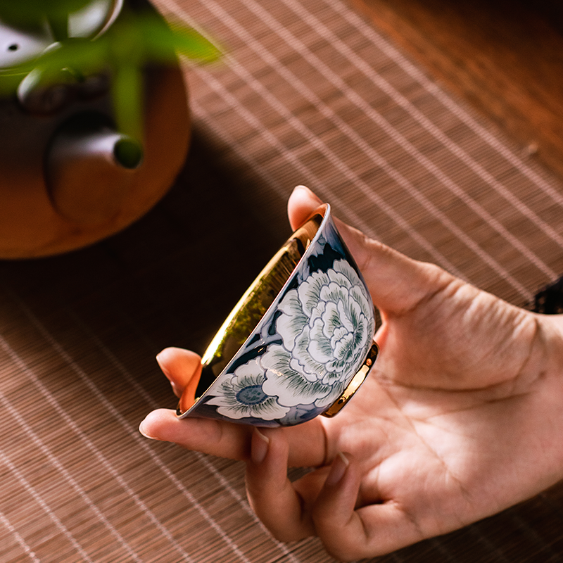 高档黄金器主人杯 釉下彩肖建辉大师手绘陶瓷斗笠单杯个人杯茶碗,餐饮具,茶杯,淘宝优惠券,粉丝福利购,淘宝优惠卷
