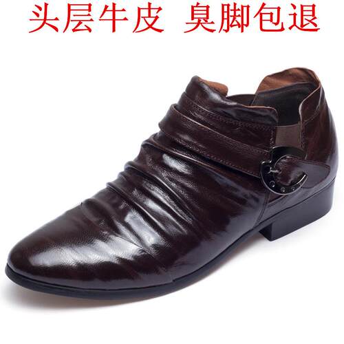高档冬季二棉新款头层牛皮真男士商尖头正装务时尚皮鞋保暖皮加绒