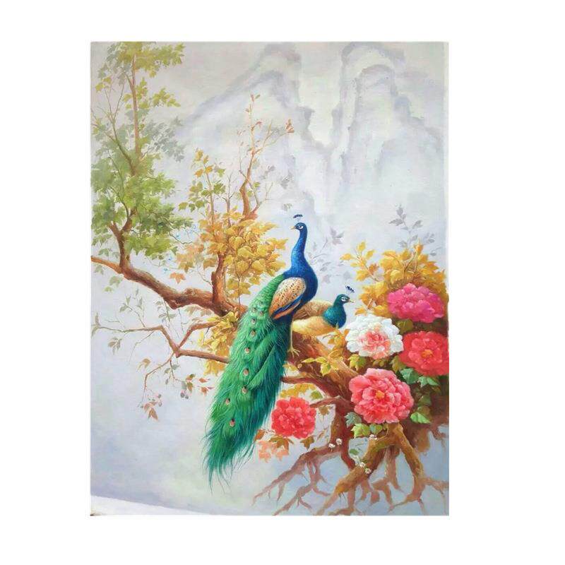 美式竖版油画 现代简约欧式客厅玄关装饰画孔雀挂画芯