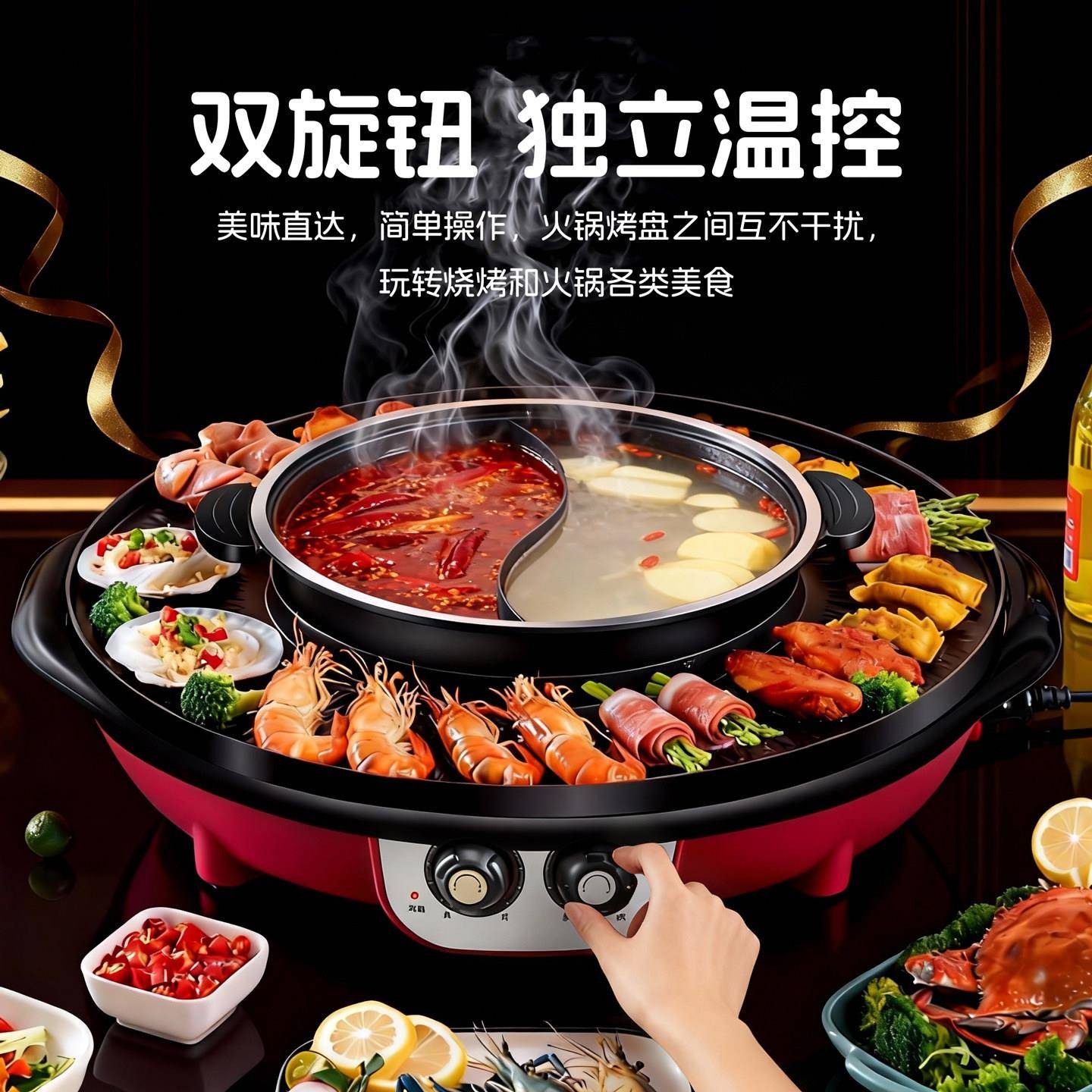 一捷不安玺涮烤体锅家用电A-5020-B烧烤炉多能火锅无烟粘烤肉烤盘