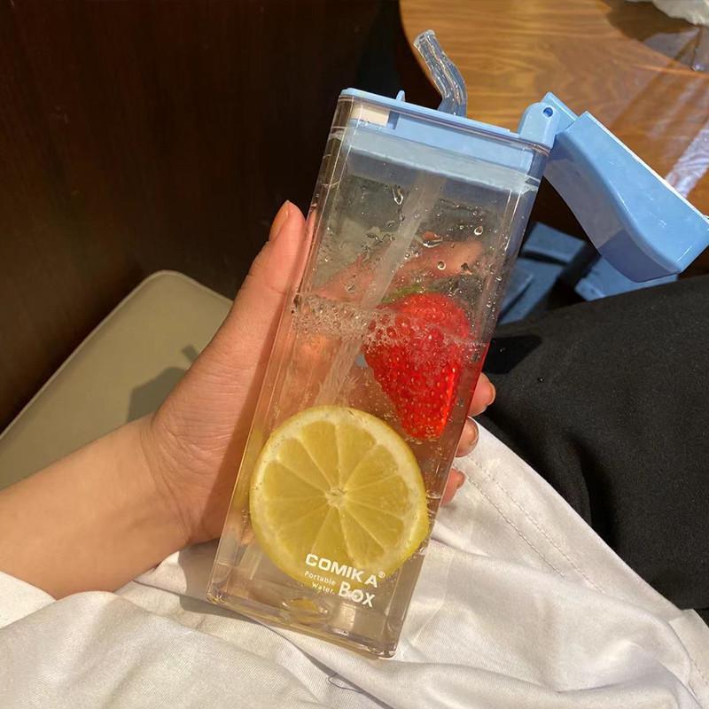 comika扁平便携水杯带吸管长方形细长运动随行杯女士夏天塑料杯子