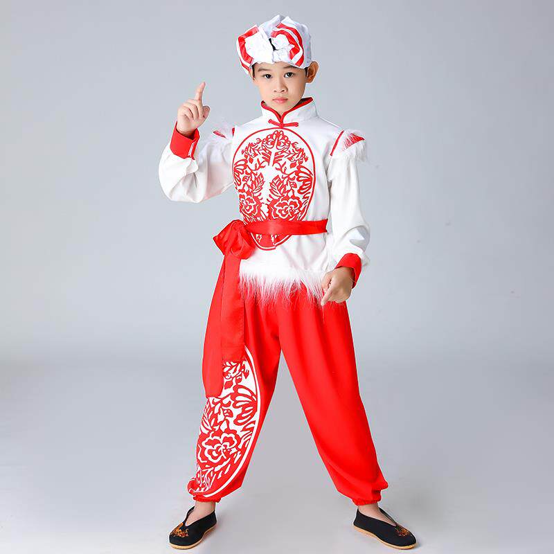 正品儿童陕北族民风统安塞腰鼓服男女传扭秧打歌服横山鼓运动会演