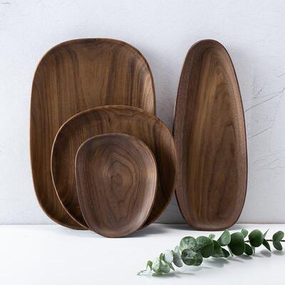 Tea tray in black walnut, round fruit tray in solid wood