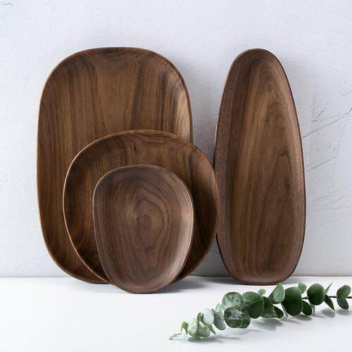 Tea tray in black walnut, round fruit tray in solid wood