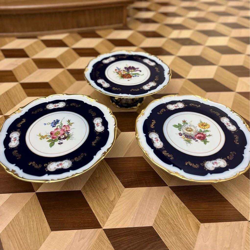 复古钴蓝色蛋糕盘手工制作鎏金平盘高脚盘