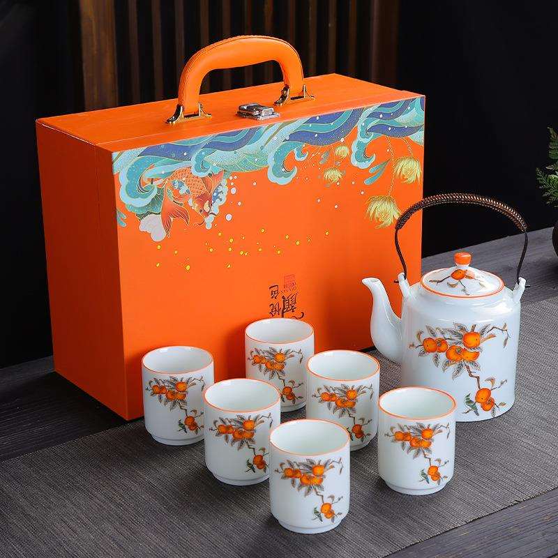 厂家直销德化陶瓷茶具套装大号影青提梁壶家用现代简约大茶壶茶杯
