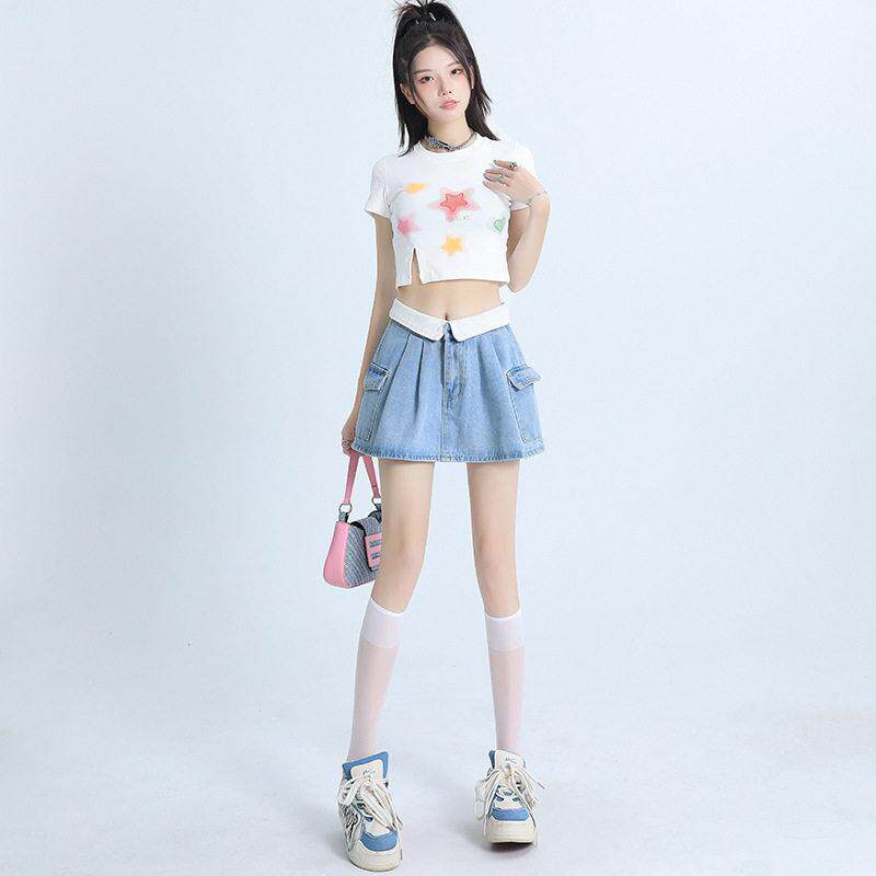 ]设计感翻边工装牛仔浅色新款辣妹半身裙潮女浅蓝色牛仔布