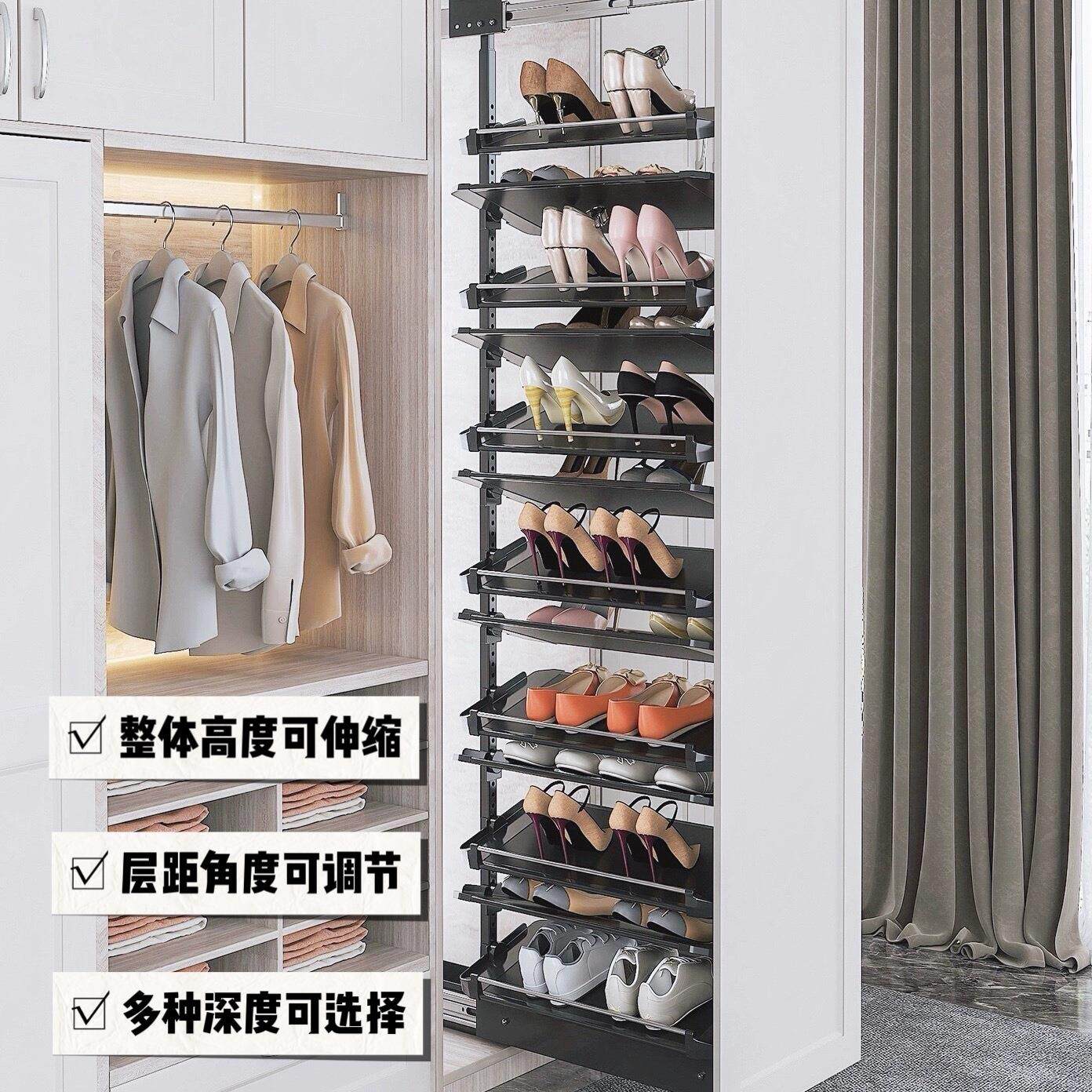 推拉鞋架衣帽间抽拉式可伸缩大容量楼梯鞋柜收纳五金