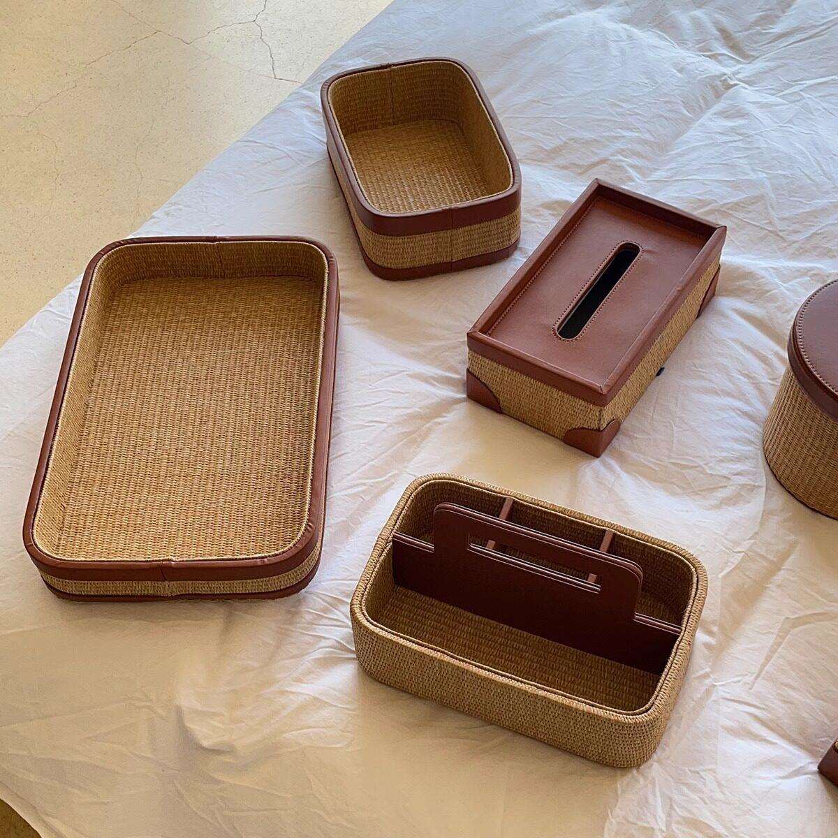 中古草编收藤编收面纳篮桌FVC零食化妆收纳品轻奢皮革纸巾盒纳储