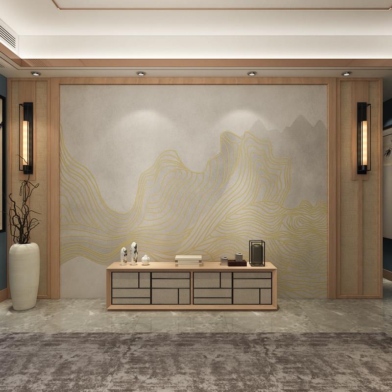 新中式墙布电视背景墙轻奢金色线条卧室客厅沙发影视壁纸无缝壁画